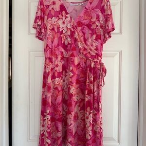 Susan Graver Pink Floral Liquid Knit Midi Faux Wrap Dress